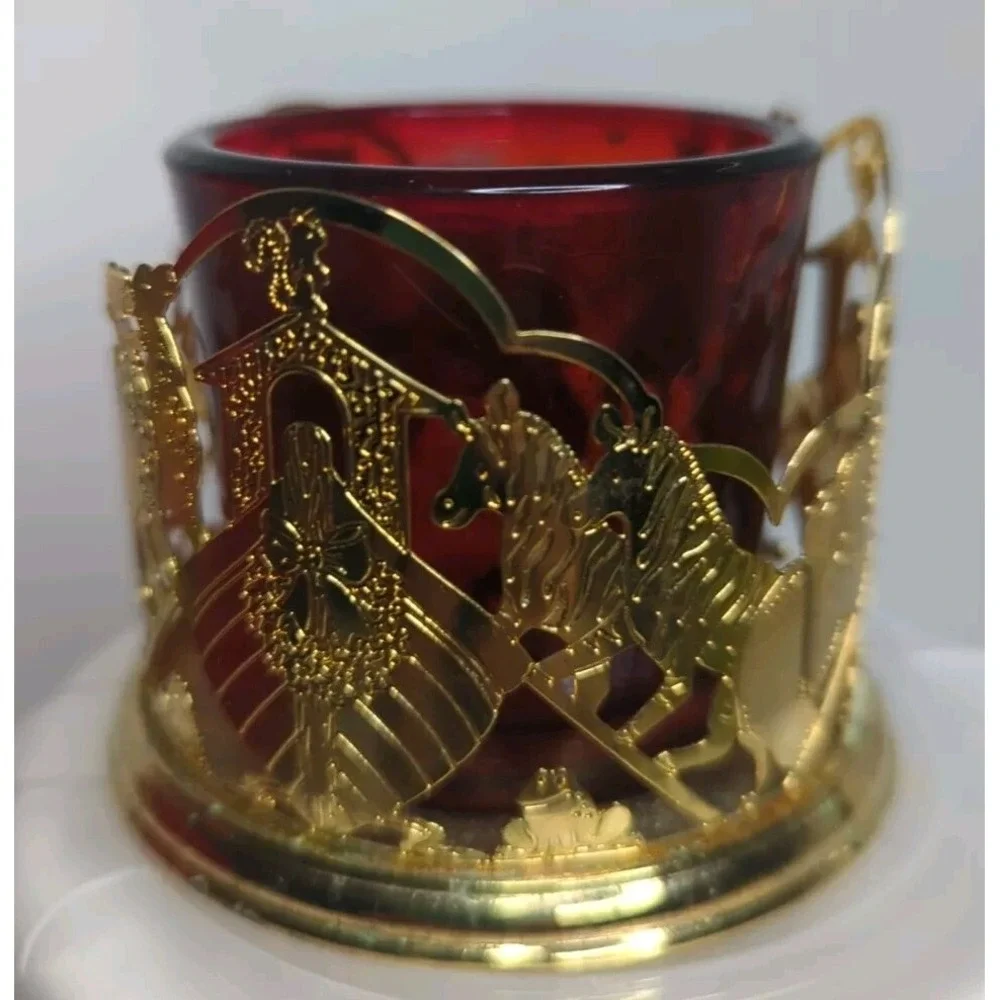 Vtg. Noah's Ark Votive Candle Holder By Dayton. ‎ 24k Gold Finish with Red Glass
